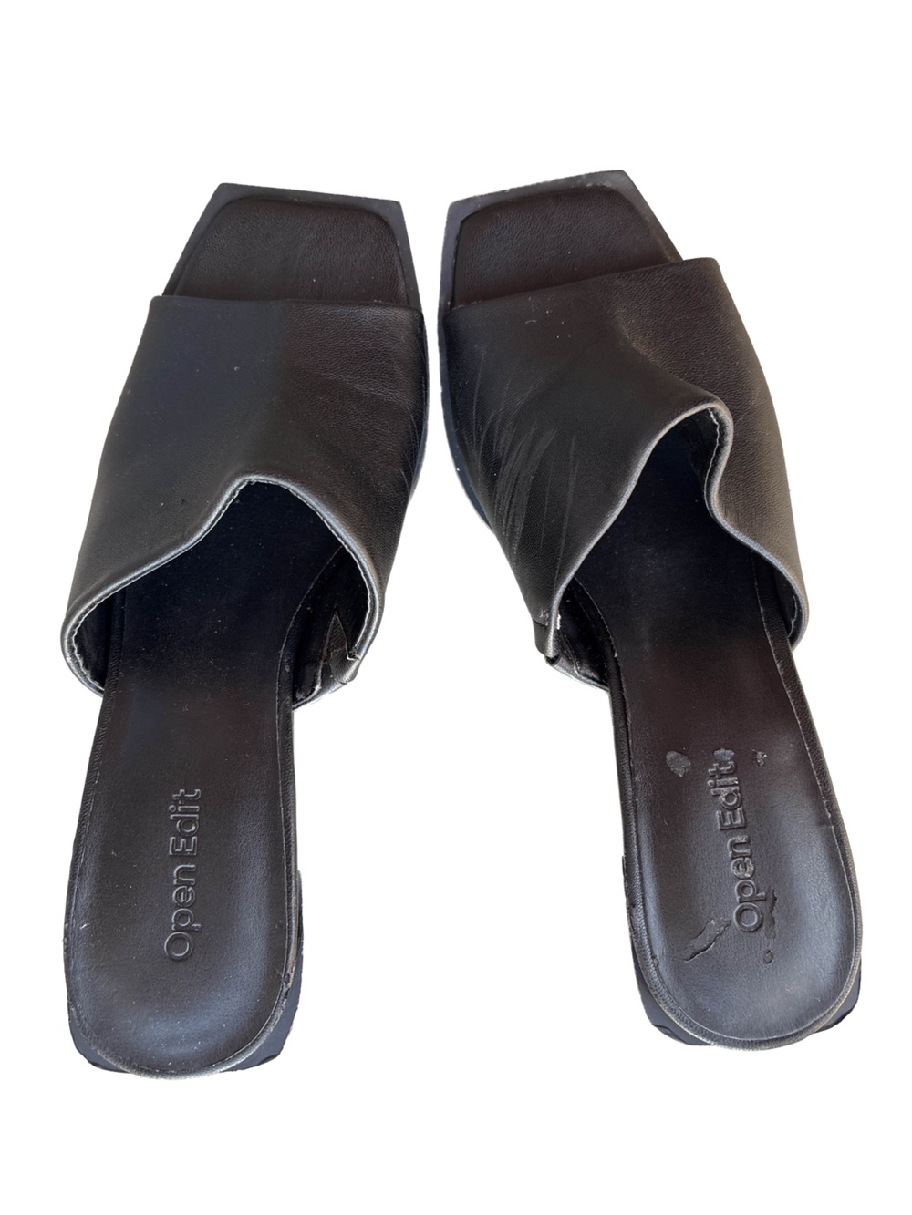 Open Edit Black Leather Square-Toe Slide Mules